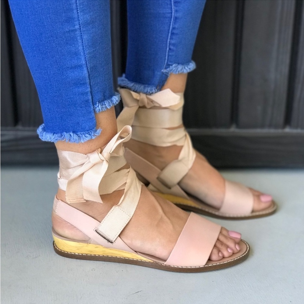 Blush Ribbons Lace Up Micro Wedge Leather Sandal